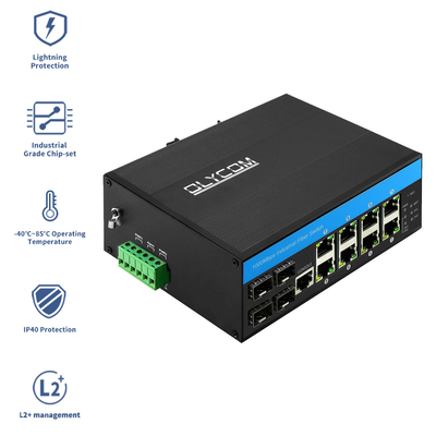 12 porte gestite DC48v Industrial Poe Switch Din Rail Gigabit Ethernet Fiber Switch