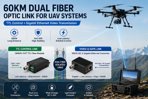 ultimo caso aziendale circa 60KM Dual Fiber Optic Link for UAV Systems: TTL Control + Gigabit Ethernet Video Transmission