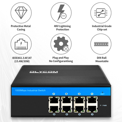 Gigabit Industrial Unmanaged PoE Media Converter 8 Port 120W 240W DC48V uscita