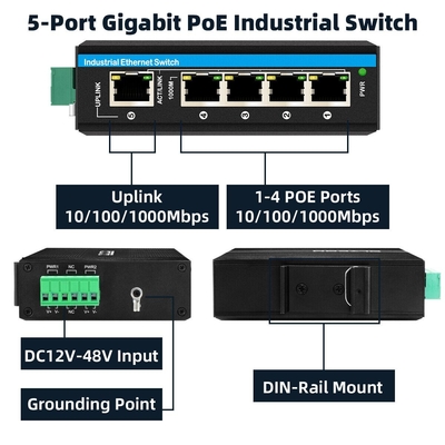 5 porte amplificatore di tensione gigabit 12-48VDC di ingresso interruttore di rete POE industriale