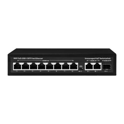 Switch POE non gestito da 120 W 8 PoE 10/100/1000 Mbps + 2 LAN 10/100/1000 Mbps + 1 SFP 100/1000 M