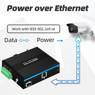 Industrial PoE Media Converter Gigabit Ethernet 30W 48V Output Din Rail Non gestito