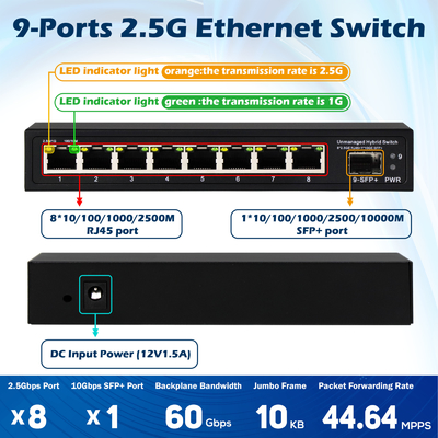 9 porte non gestite 2.5G Ethernet Switch con 10G Uplink SFP Port 60Gbps Backplane Bandwidth