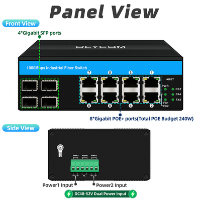 8 porte Gigabit POE switch switch Ethernet industriale 4SFP+8RJ45 DC48V doppio ingresso di potenza