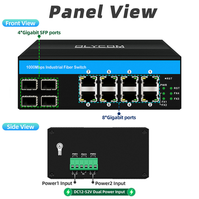 12 Port Industrial Ethernet Switch Din Network Switch 4SFP+8RJ45 DC12-52V Doppio alimentatore