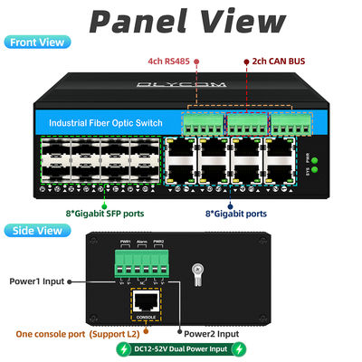 Switch Industriale in Fibra Ottica Gestito con CAN Bus RS485 6 Porte, Robusto, Senza Ventola, Grado di Protezione IP40