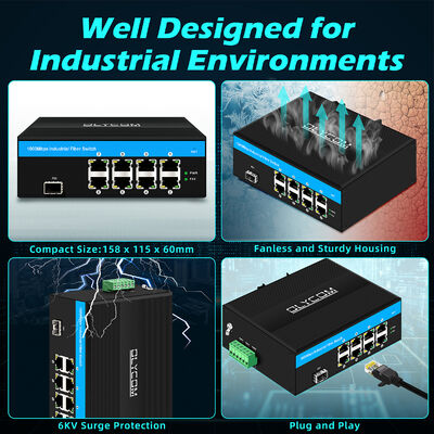 8 Port Industrial POE Switch con protezione da sovratensioni da 6KV e budget totale di 240W per sistemi CCTV