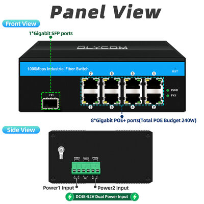 8 Port Industrial POE Switch con protezione da sovratensioni da 6KV e budget totale di 240W per sistemi CCTV