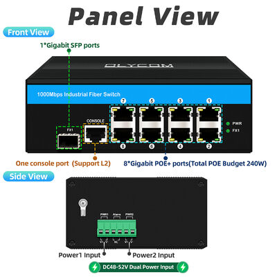 8 Port Industrial POE Switch con potenza di 240W e protezione da sovratensioni da 6KV per ambienti esterni difficili