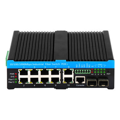 Switch Ethernet L2+ Managed a 12 porte, uplink in fibra/RJ45 da 1G, design robusto, montaggio DIN