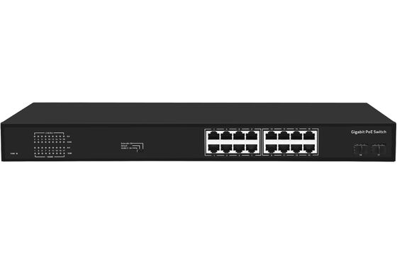 Switch PoE Gigabit a 16 porte con uplink in fibra 1G, ingresso AC singolo, 300W, certificato CE, senza ventola